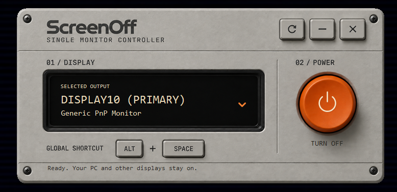 ScreenOff Windows utility with monitor selector and power control