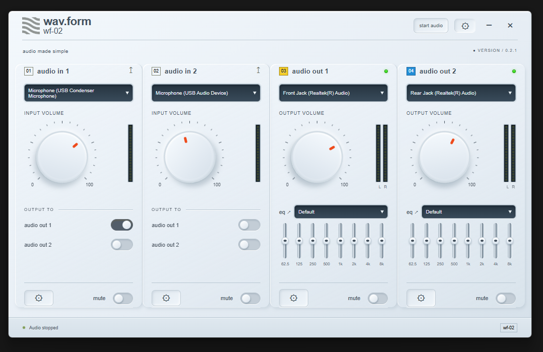wav.form WF-02 audio routing interface with two input channels routing to two output channels with equalizer