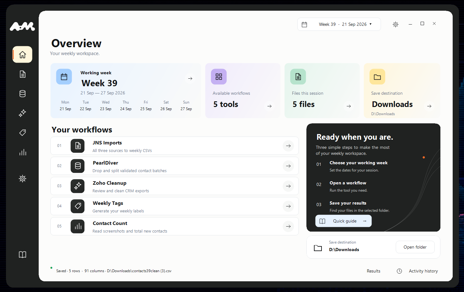 Auto-mate Windows application overview showing five weekly marketing workflows